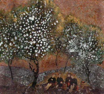 Sitting under peach trees