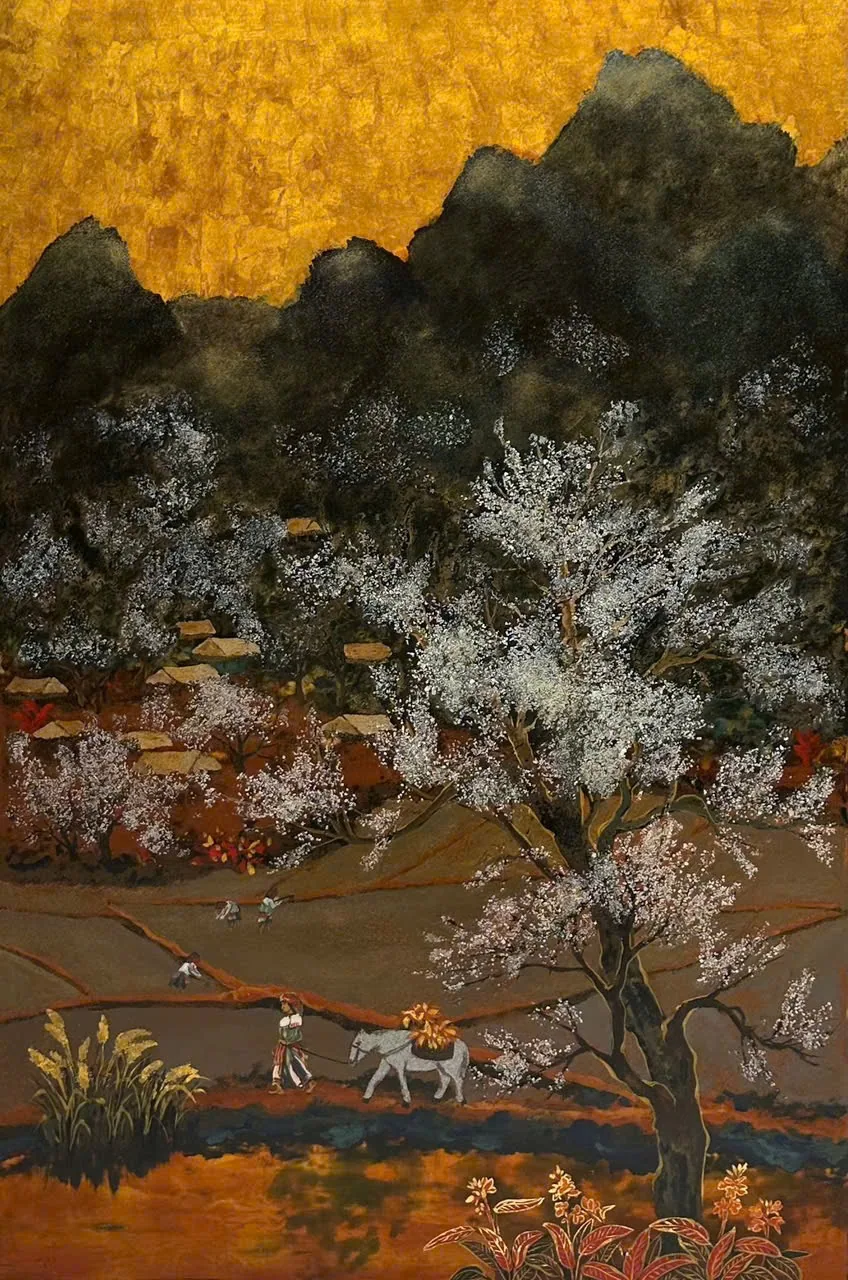 The Serene Beauty of a Northern Mountain Village in Contemporary Lacquer Art